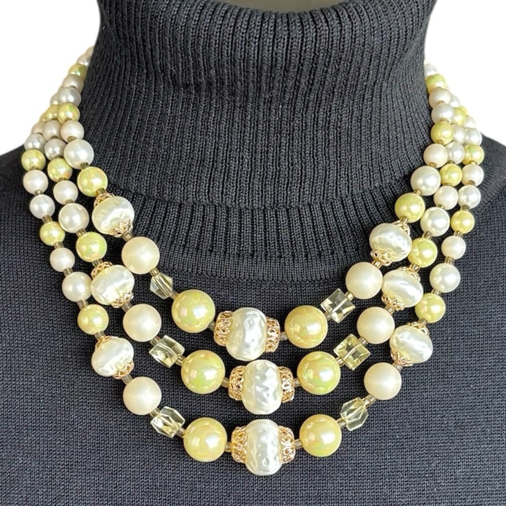 Japan Signed Multi-Strand Ivory Faux Pearl Crystal Necklace Vintage